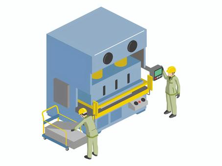 プレス機と作業員A（カラー） プレス機,作業員,プレス,工員,製品,鍛圧,板金,成形,機械,設備のイラスト素材