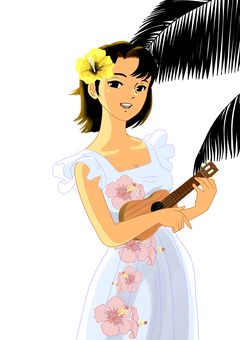 ウクレレガール ウクレレ,女の子,ハイビスカス,ムームー,南国,ヤシの木,小麦色,音楽,ハワイアンのイラスト素材
