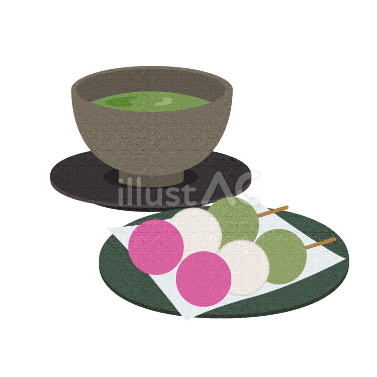 緑茶と三色団子のイラスト（渋めの湯呑み） お茶,湯のみ,黒い茶托のイラスト素材