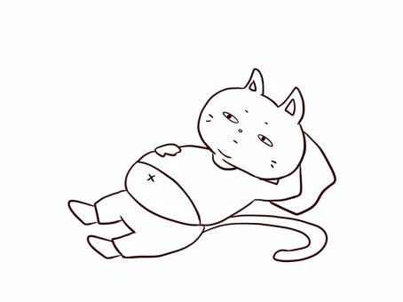 満腹で寝転がる太った猫の白黒イラスト 猫,デブ,太った,満腹,休む,寝転がる,横になる,白黒,線画,手描きのイラスト素材
