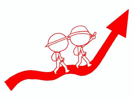 登山 登山,ハイキング,シルエット,歩く,リュックサック,矢印,お知らせ用,宣伝用,pop調,手描きのイラスト素材