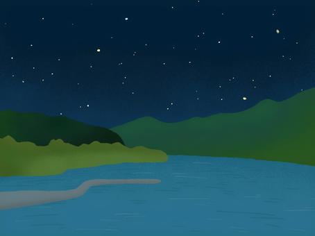 川の風景　夜 川,山,星,空,夜,背景,風景,壁紙,絵,手書きのイラスト素材