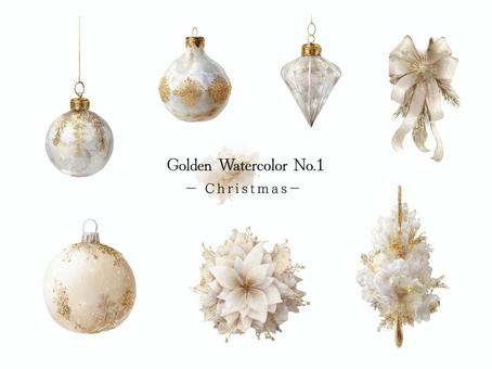 Golden Christmas 1 クリスマス,オーナメント,ゴールド,水彩,透過素材,ポストカード,冬,エレガント,上品,シンプルのイラスト素材