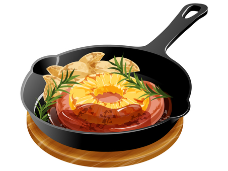 ハワイアンハムステーキ ハムステーキ,ハム,ステーキ,洋食,食べ物,パイナップル,ローズマリー,フライドポテト,スキレットのイラスト素材
