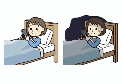 ベッドでスマホを見て夜更かしする女性 夜ふかし,女性,ベッド,スマホ依存,睡眠障害,夜中,睡眠,真っ暗,視力低下,自律神経のイラスト素材