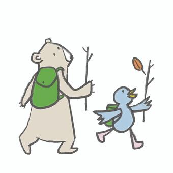 ハイキングするシロクマと青い鳥のイラスト シロクマ,青い鳥,鳥,クマ,ハイキング,山歩き,登山,散策,歩く,お出かけのイラスト素材