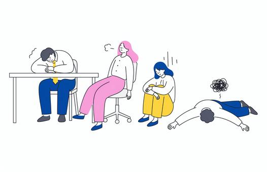疲れたビジネスパーソンのイラスト素材 人物,ビジネス,会社員,デスクワーク,疲労,休憩,落ち込む,ストレス,座る,眠いのイラスト素材