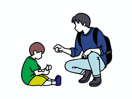 道で座り込むこどもを諭すパパ（カラー） 人,家族,親子,子育て,育児,こども,幼児,父親,お父さん,パパのイラスト素材