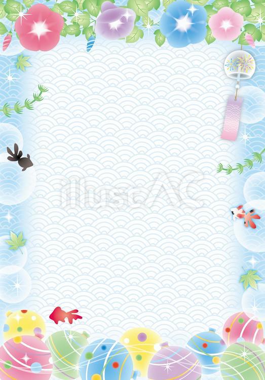和風涼やか水風船フレーム2（たて） 朝顔,水風船,金魚のイラスト素材
