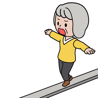 綱渡りする人 綱渡り,鉄骨,ギリギリ,バランス,冷や汗,ふらふら,おばあさん,女,普段着,年配のイラスト素材