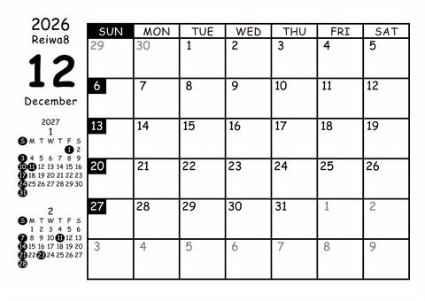 2026 12月カレンダー横 日曜 白黒 2026 12月カレンダー横 日曜 白黒 横,マンスリー,カレンダー,12月,12,december,2026年,2026,令和8年,日曜始まりのイラスト素材