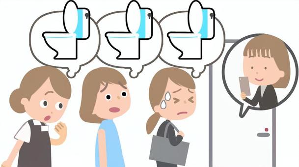 ひとりの長時間使用による女性トイレの行列 トイレ,女性,行列,順番,待つ,複数,店員,スーツ,腹痛,困るのイラスト素材
