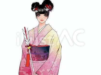 初詣に来た和服美少女、破魔矢