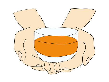 手の平に乗せたグラス 飲み物,オレンジジュース,乗せる,両手,グラス,コップ,手描きのイラスト素材