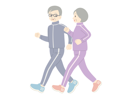 ウォーキングをするシニアの夫婦 ウォーキング,シニア,高齢者,お年寄り,老夫婦,スポーツ,健康寿命,健康維持,有酸素運動,運動のイラスト素材