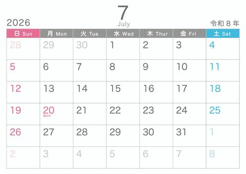 シンプル_2026_07_横_日始 シンプル_2026_07_横_日始 カレンダー,2026,7月,july,令和8年,日曜日始め,おしゃれ,かわいい,冬,記念日なしのイラスト素材