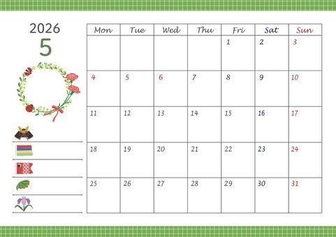 2026カレンダー/05はがきサイズ カレンダー,2026年,令和8年,1月,マンスリー,卓上,月曜始まり,スケジュール,暦,リースのイラスト素材