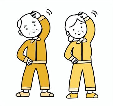 シンプル祖父祖母体操（y） シンプル,体操,おじいちゃん,おばあちゃん,人,女,男,ジャージ,準備体操,ラジオ体操のイラスト素材