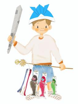 A boy with a sword and carp streamer made from newspaper, boy, pocket, origami, JPG and PNG