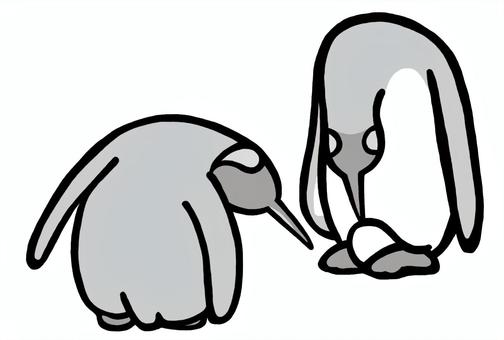 卵をのぞきこむキングペンギン　グレー キングペンギン,オウサマペンギン,ペンギン,鳥,グレー,白,黒,気になる,手描き,水族館のイラスト素材