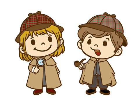 子供職業体験「名探偵」 名探偵,虫眼鏡,調査,潜入,探偵,推理,事件解決,謎解き,情報収集,事件のイラスト素材