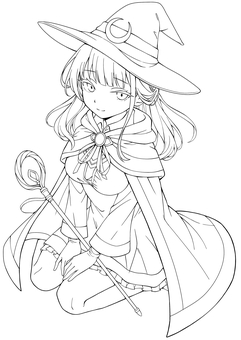 魔法使いの女の子 人物,塗り絵,ぬり絵,ぬりえ,線画,白黒,手書き,全身,女の子,魔法使いのイラスト素材