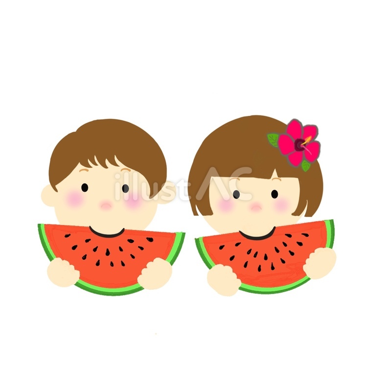 2人でスイカ　手描き スイカ,夏,食べるのイラスト素材