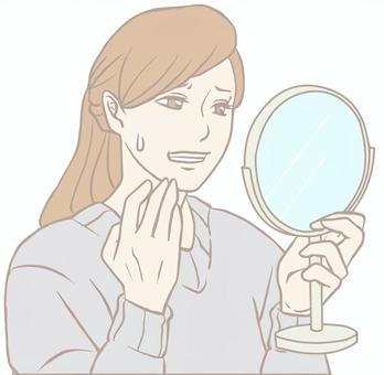 Anxious woman looking in a hand mirror (pastel), hand mirror, face, to see, JPG, PNG and AI