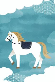 午年年賀状_13_文字なし 年賀状,2026年,午年,馬,午,雲,テンプレート,和柄,水彩,和風のイラスト素材