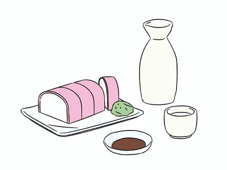 板わさとお酒 板わさとお酒 板わさ,かまぼこ,わさび,醤油,とっくり,おちょこ,日本酒,おちまみ,肴,居酒屋メニューのイラスト素材