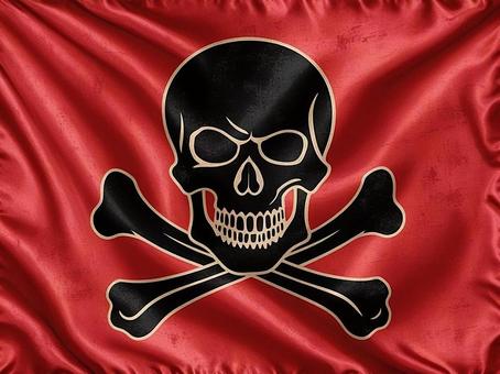 赤い布地に黒いスカルマークの海賊旗