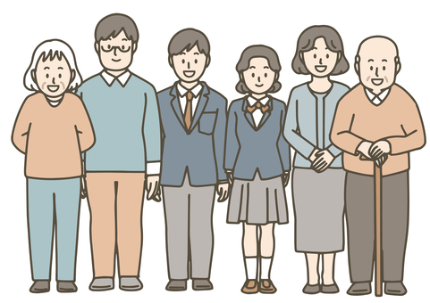 3世代が揃った大家族 3世代,家族,大家族,祖父母,両親,子供,赤ちゃん,高齢者,団欒,集合のイラスト素材