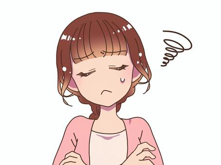 困惑女子-悩む 女の子,女,キャラクター,ミニキャラ,sdキャラ,茶髪,かわいい,悩む,腕組み,考えるのイラスト素材