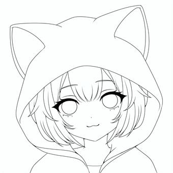 猫耳パーカーの女の子線画 コスプレ,女子,女の子,美少女,萌え,アイコン,かわいい,フリー,無料,萌え系のイラスト素材