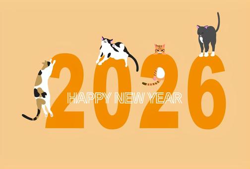 2026年の年賀状　ねこまみれ 年賀状,2026年,令和八年,午年,猫,三毛猫,ぶち猫,茶トラ,グレー猫,シンプルのイラスト素材