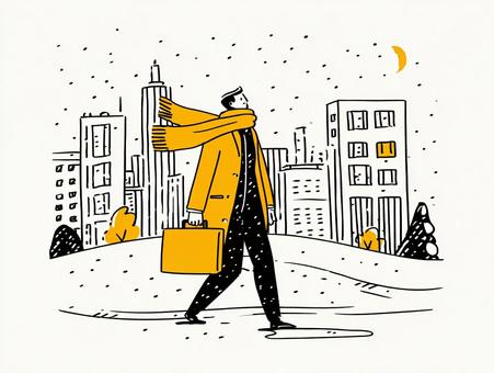 雪が降る街を歩くビジネスマン