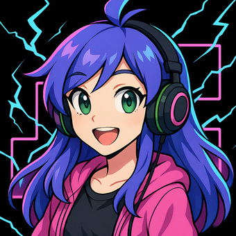 ヘッドホンをつけた元気アニメキャラクター