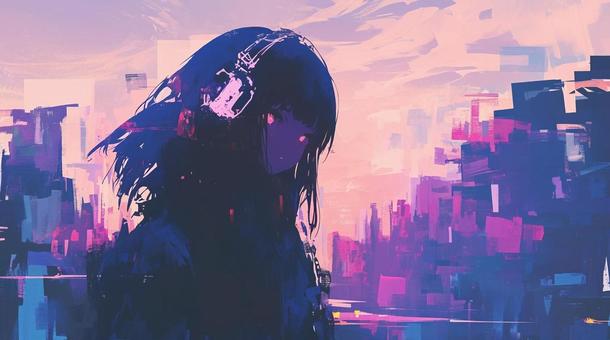 抽象的な都市背景と女性のシルエット