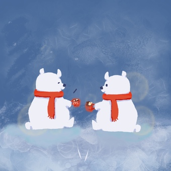 ホットドリンクを飲む冬の白くまのイラスト 白くま,しろくま,冬,雪,ほっこり,かわいい,動物,北国,ホットドリンク,ココアのイラスト素材