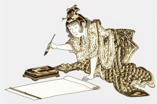 習字をする子供　金色 浮世絵,子供,習字,書道,筆,金,ゴールド,日本,和風,着物のイラスト素材