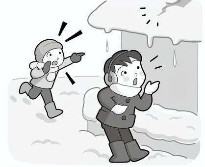 屋根の上の雪の注意喚起 注意喚起,雪,積もる,落ちる,子ども,叫ぶ,単色,長靴,帽子,手袋のイラスト素材