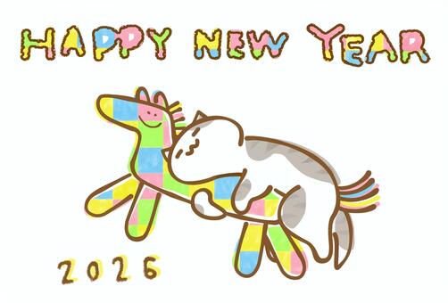 馬の抱き枕で寝るねこの年賀状　横向き1 馬,干支,年賀状,2026,午年,挨拶,新年,イラスト,猫,かわいいのイラスト素材