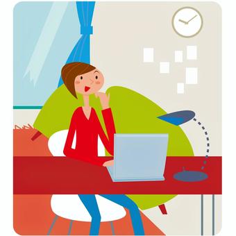 たまには自宅にて パソコン,部屋,時計,女性,机,椅子のイラスト素材