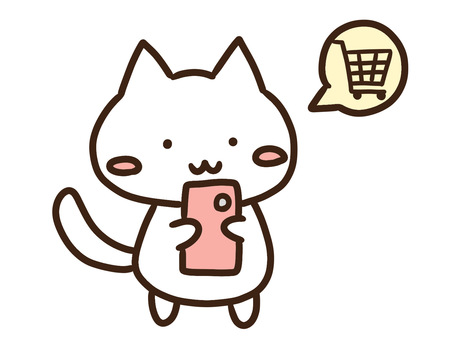 スマホでネットショッピングする白ねこ スマホ,スマートフォン,ネットショッピング,通販,買い物,操作,オンライン,ecサイト,キャッシュレス,決済のイラスト素材