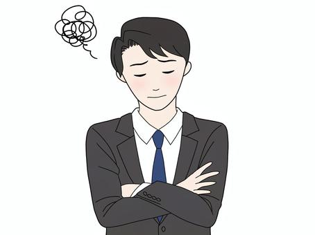 腕を組んで困っているスーツの男性 腕組み,仕事,うーん,悩み,どうしよう,どうしたら,どうすれば,困った,困る,思いつかないのイラスト素材