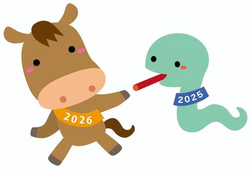 午と巳の干支交代バトンタッチイラスト1 午,2026年,午年,干支,バトンタッチ,かわいい,へび,十二支,交代,引継ぎのイラスト素材