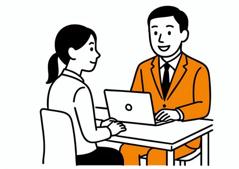 パソコンで顧客と相談を行う男性スタッフ 男性,女性,スタッフ,接客,会議,相談,説明,転職,ミーティング,面接のイラスト素材