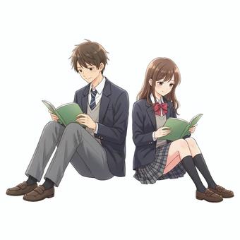 座って教科書を読む高校生の男女