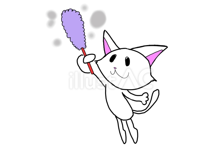 はたきでお掃除中のねこちゃん 猫,はたき,掃除のイラスト素材