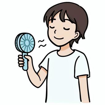 ハンドファンを持って涼む男の子 ハンドファン,扇風機,携帯型,涼しい,人物,学生,男性,子供,熱中症対策,持つのイラスト素材